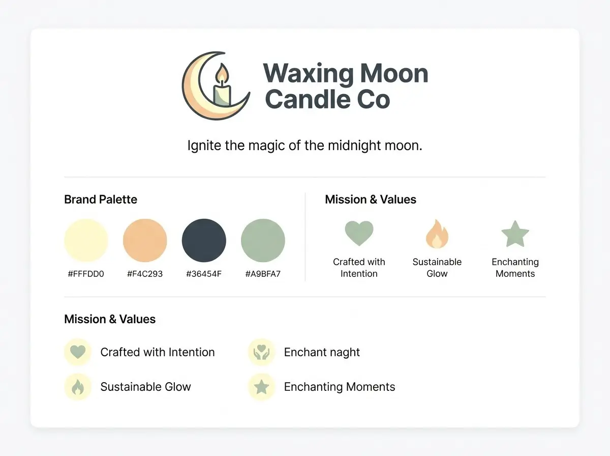 The Waxing Moon Business DNA brand kit generated from three raw product photos, featuring the custom tagline, organic palette, and tailored typography